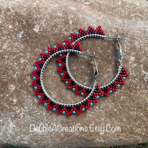 Red and Turquoise Beaded 1 1/4” Hoops, Handmade - Picture 5 of 8